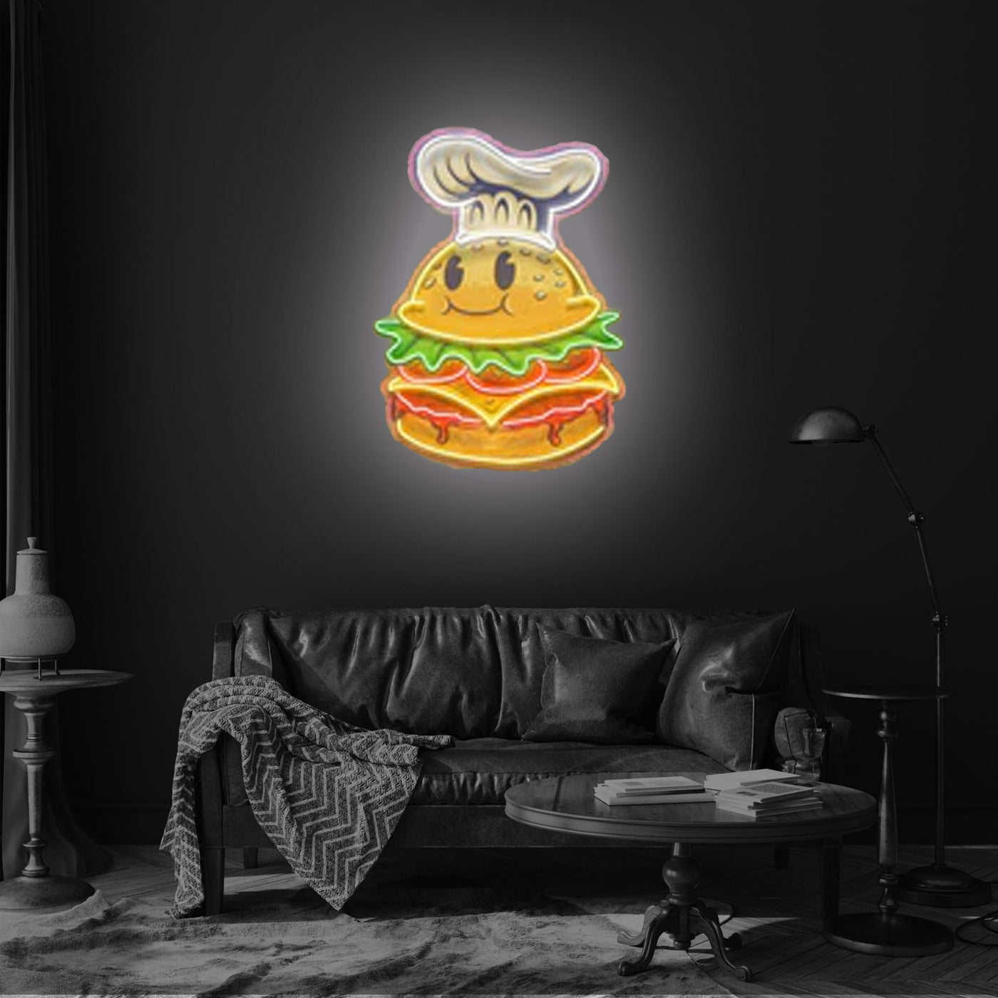 Burger Chef Food Cartoon Character Logo Mascot Artwork Led Neon Sign