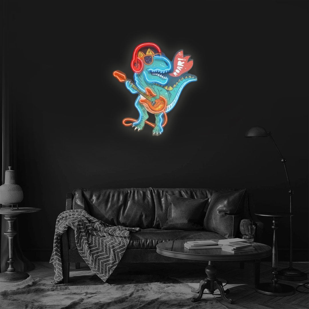 Ool Dinosaur Playing Guitar Pop Art Neon Sign