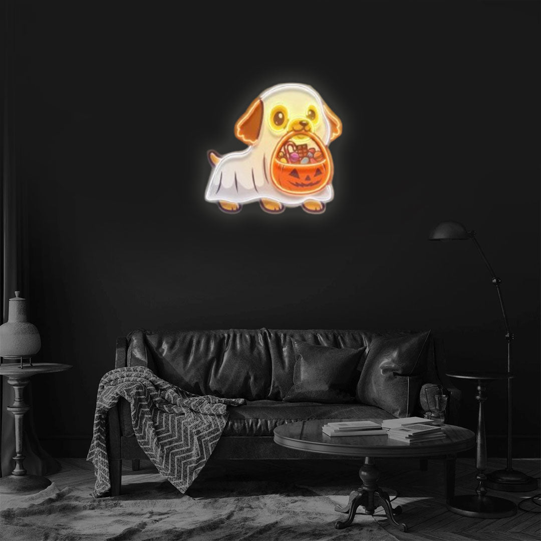 Cute Ghost Dog With Pumpkin Halloween Cartoon Pop Art Neon Sign