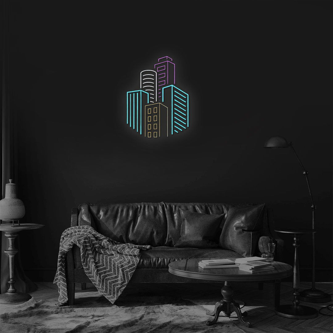 City skyscrapers neon sign