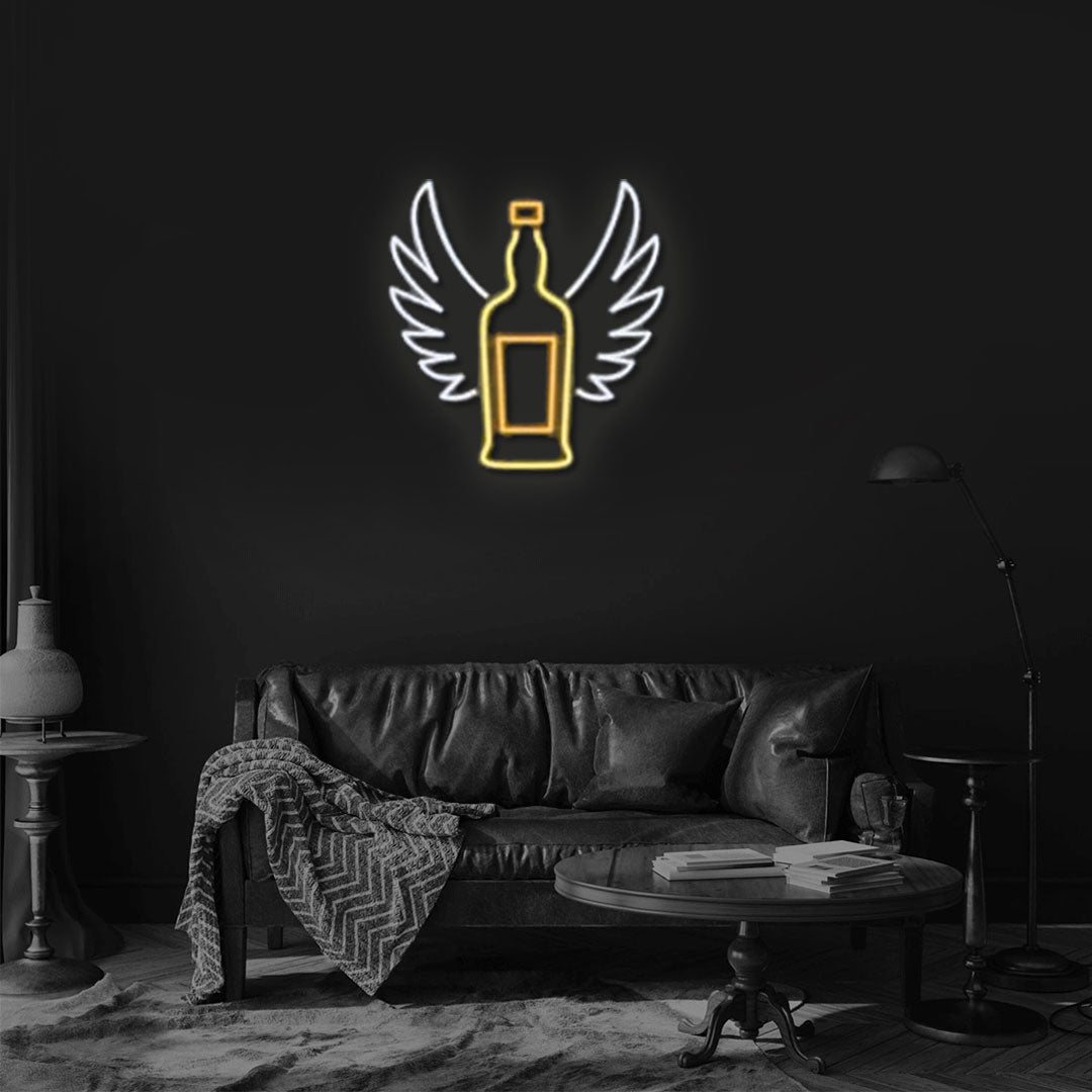 Whiskey bottle with angel wings neon sign