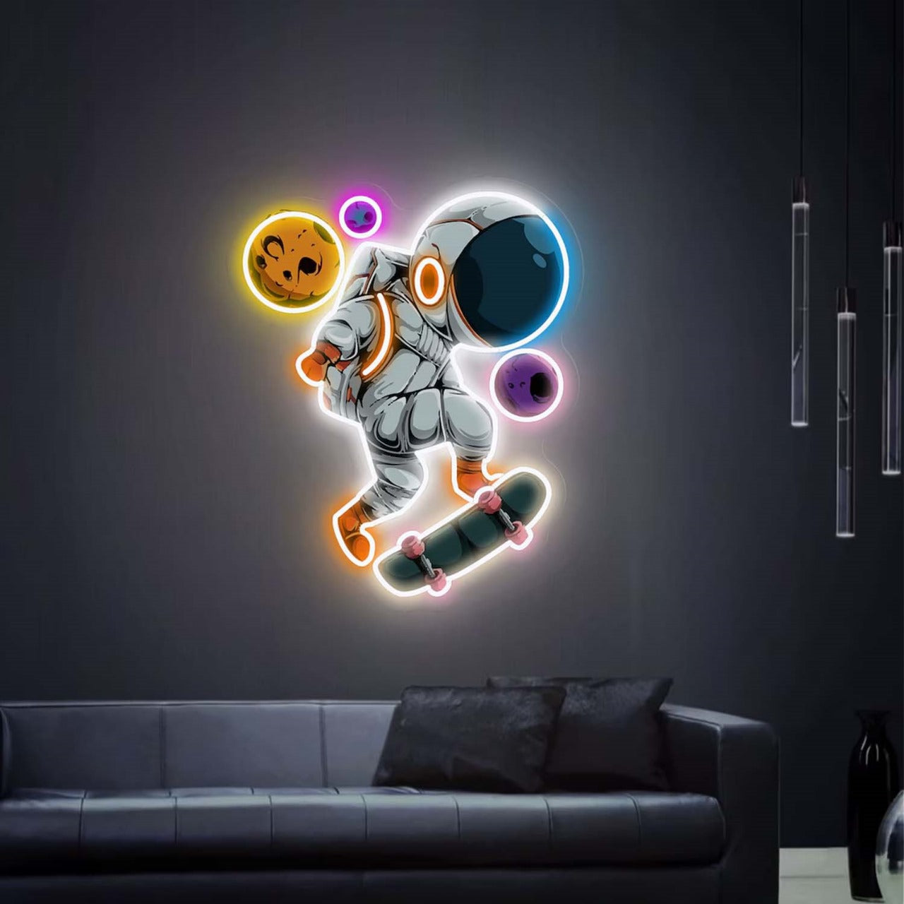 ASTRONAUT PLAYING SKATEBORD IN THE SPACE NEON LED